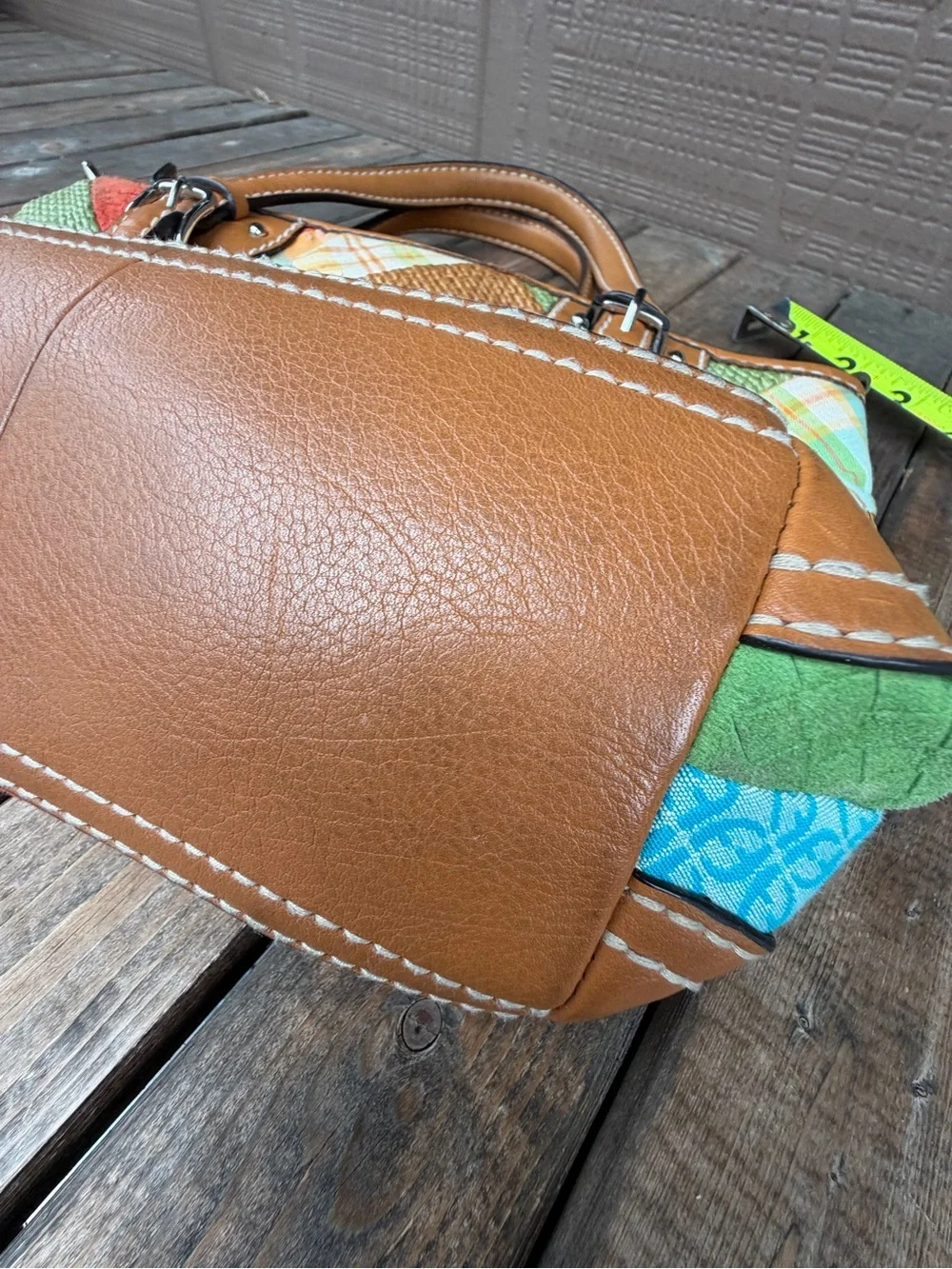 Fossil Key Patchwork Multicolor Satchel Handbag with Tan Leather Trim